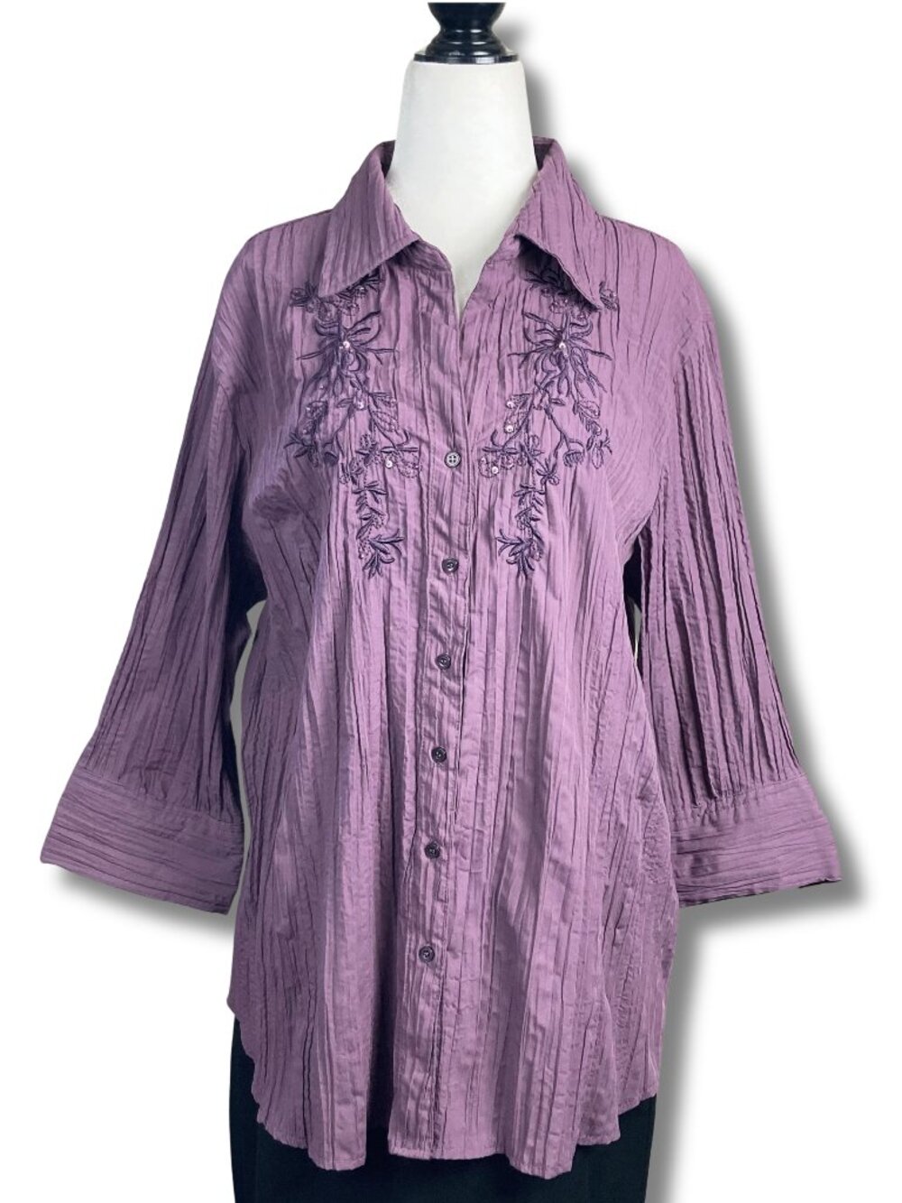 JESSICA Plus-size purple crinkle blouse w/ beaded floral embroidery 2X XXL top